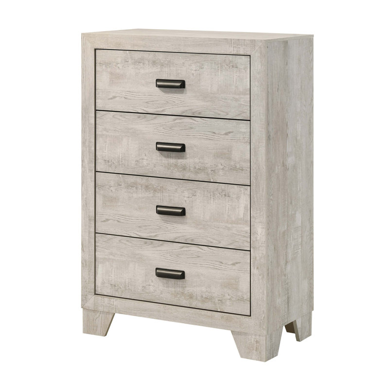 Commode haute transitionnelle à 4 tiroirs avec quincaillerie en métal et finition en bois lavé pour un rangement élégant dans la chambre à coucher