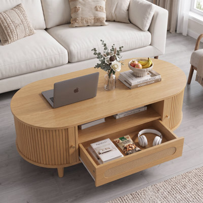 47.2" Mid-century Modern Oval Coffee Table With Rattan Sliding Door, Drawer & Open Storage, Solid Wood Legs