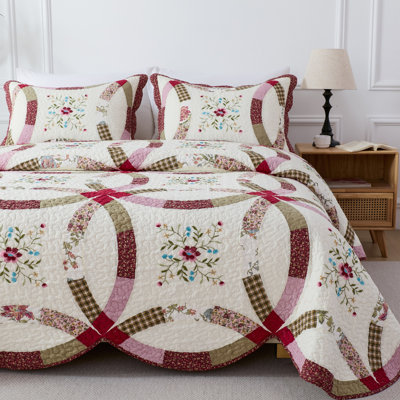 Handmade 100% Cotton Double Wedding Ring Real Patchwork Quilt Set with Floral Embroidery – Reversible, Pre-Washed, Soft & Breathable