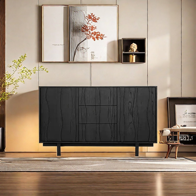 Buffet rétro avec 3 tiroirs, Noir, H 33 po x l 59 po x P 15,75 po