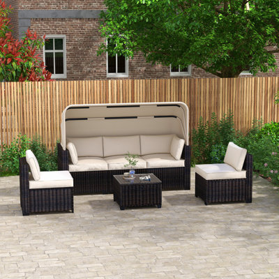 Ensemble de 6 meubles de patio, lit de jour en rotin d'extérieur avec auvent rétractable, ensemble de canapé modulaire d'extérieur avec dossier réglable, chaise longue pour la piscine