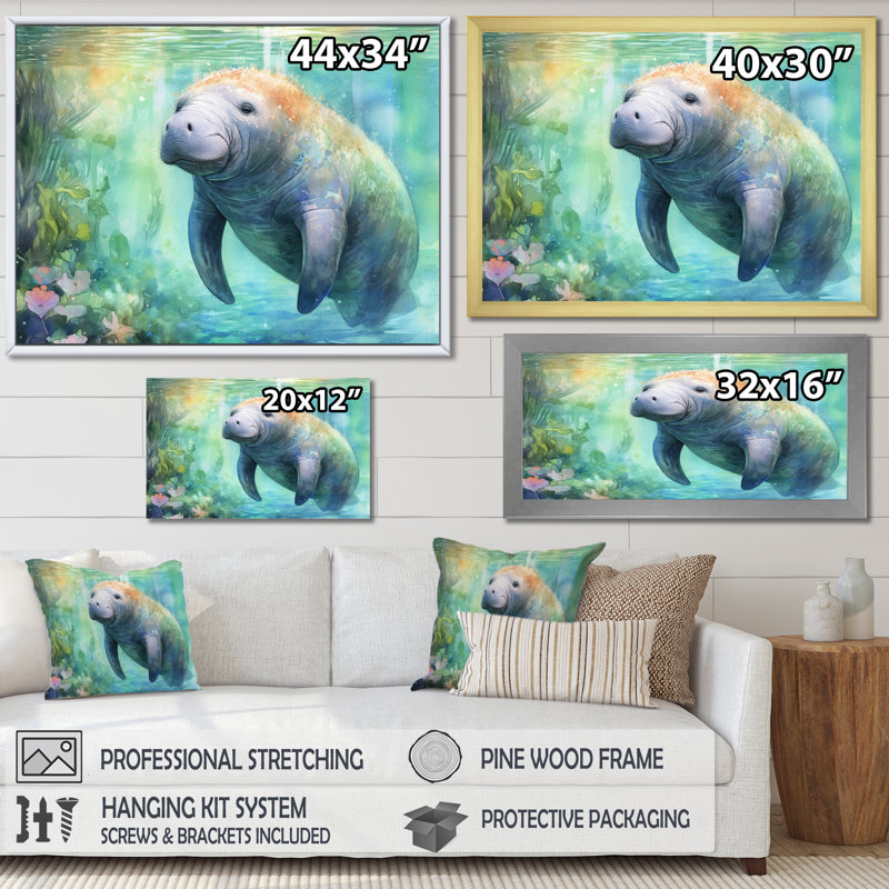 Gentle Manatee II - Animals Canvas Print, Gold Floater Framed, 34" H x 44" W x 1.5" D