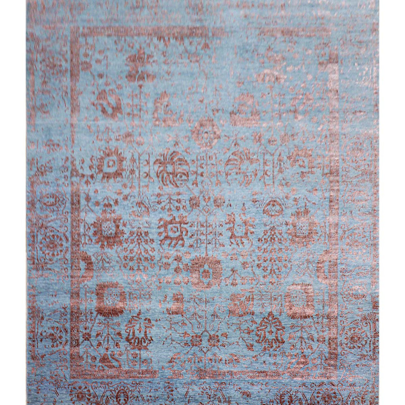 Tapis bleu clair et cuivre noué à la main de haute qualité, Rectangle 12 pi x 15 pi