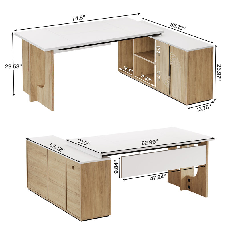 74.8" Executive Desk, Large Office Desk With Cabinet, L Shaped Computer Desk Business Furniture Workstation Set