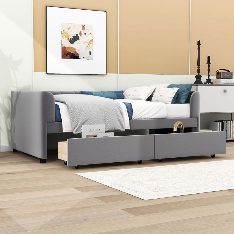 Copelyn Twin Size Velvet Upholstered Daybed with 2 Drawers, Gray
