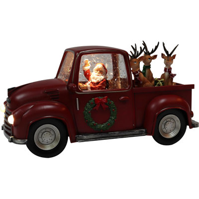 5.9"H Acrylic Truck w/ Reindeer - LED Lights, Water Spinning Glitter, Battery - Hand-Painted Resin