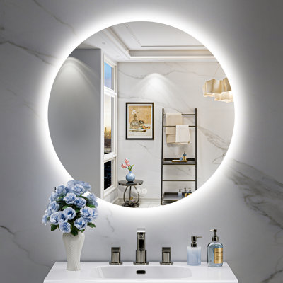 Bathroom Round LED Mirror with Backlit, Anti Fog Lighted Vanity Mirror with Stepless Dimmable, ETL Listed, IP54 Waterproof, CRI90+, HD Tempered Glass