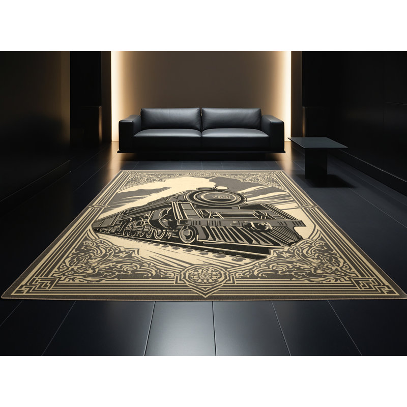 Tapis oriental doux et moelleux à motif train rétro en gris - beige, 7 x 9