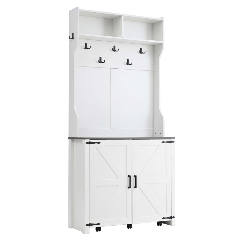 Hall Tree With Shoe Storage Cabinet And Removable Bench, White