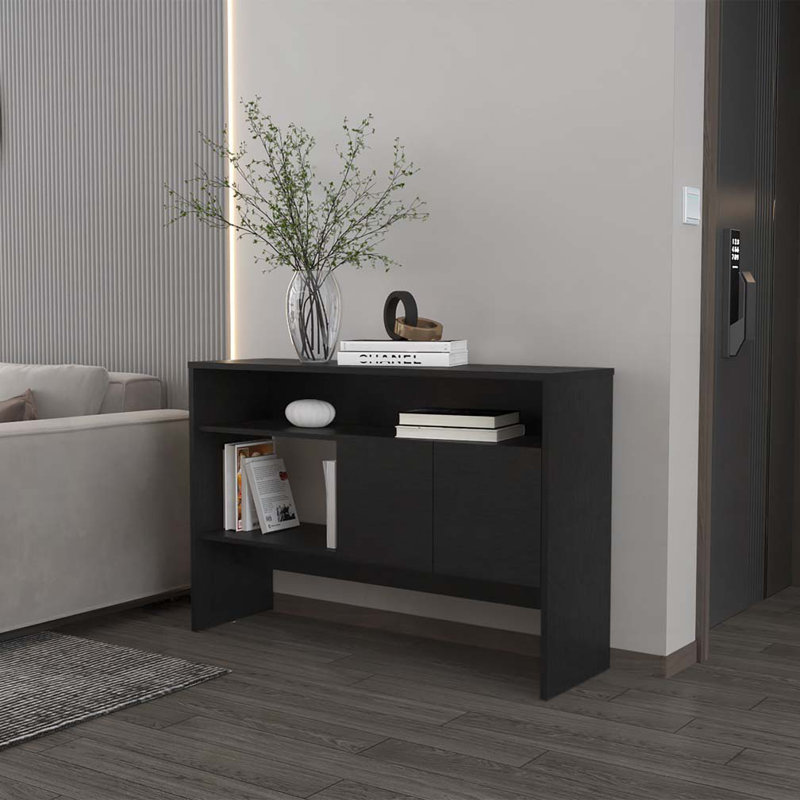 Console Bylas en mélamine avec deux portes et rangement ouvert, blanc, Blanc