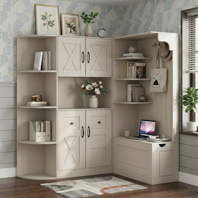 75"W Modular Hall Tree & Entryway Storage Cabinet With Seating Bench & 4 Hooks For Living Room And Hallway