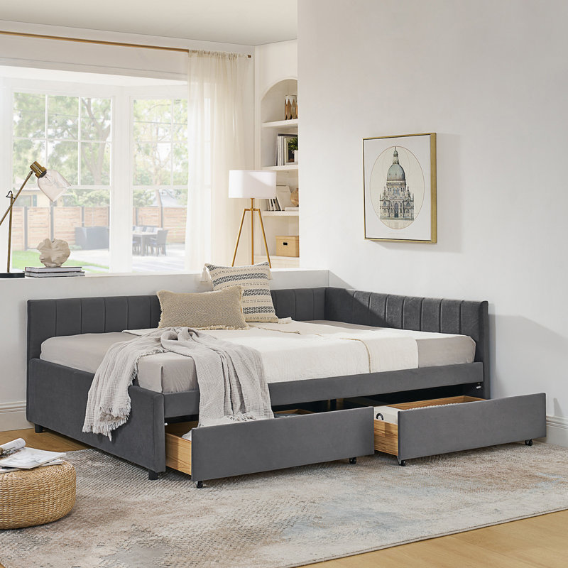 Full Size Upholstered Tufted Bed Frame With Two Drawers, Sofa Bed Frame With Comfortable Backrest And Armrests, Gray