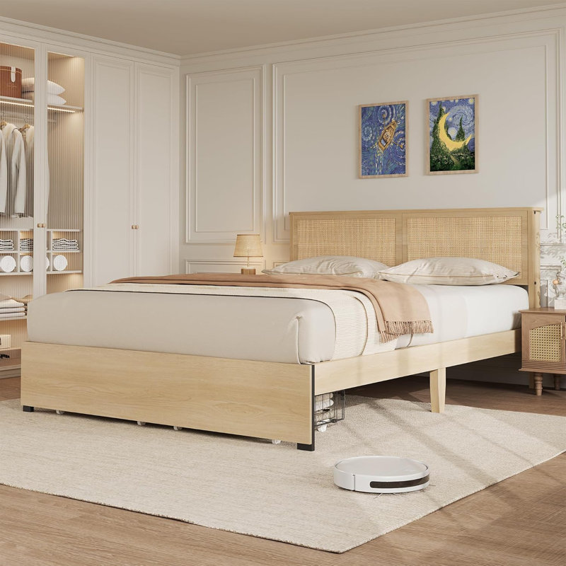 Platform Bed Frame, Bed Frame With Natural Rattan Headboard, Cane Bed Frame With 2 Storage Drawers And Strong Wood Slats Support, Noise Free, No Box Spring Needed
