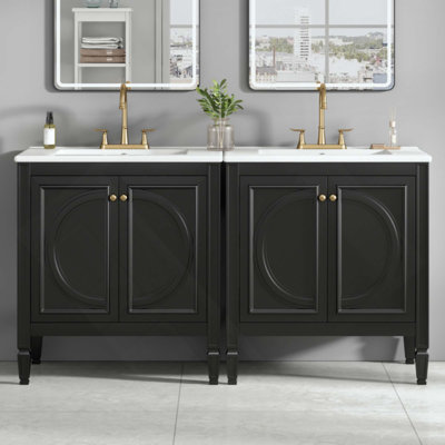 Ensemble de meuble-lavabo avec lavabo double, lavabo en céramique, portes à fermeture en douceur avec tablette, tiroir de rangement