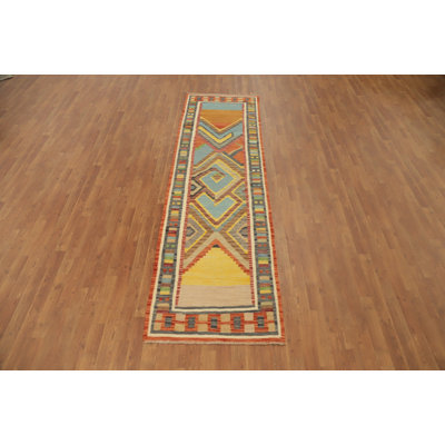 Tapis de couloir éclectique à motif abstrait Kilim 3 x 10 avec motifs géométriques