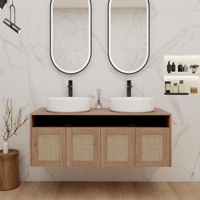 Meuble-lavabo de salle de bain avec lavabo artistique, porte à fermeture douce, conception à fixation flottante, Blanc
