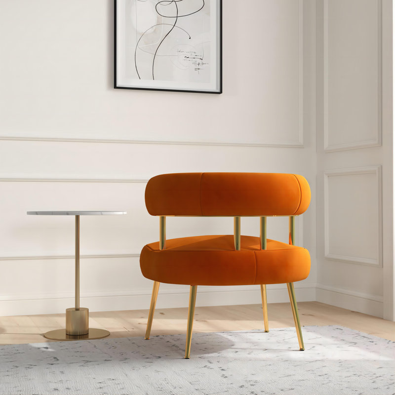Fauteuil capitonné de 28,8 po Maybrie, Velours orange, Doré