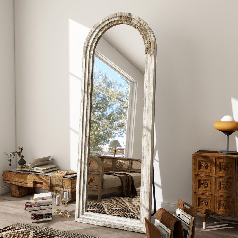 Miroir de plancher rectangulaire en bois arqué, Blanc, 71 po x 30 po