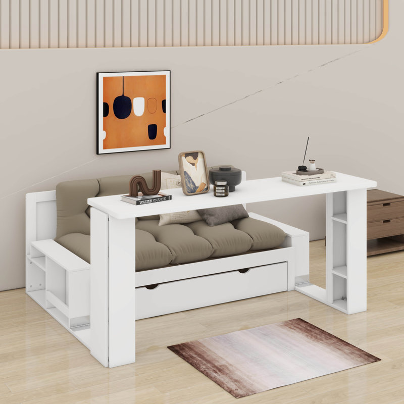 Lit de jour double avec bureau, tiroirs de rangement et table d'appoint hydraulique, Lit double, Blanc
