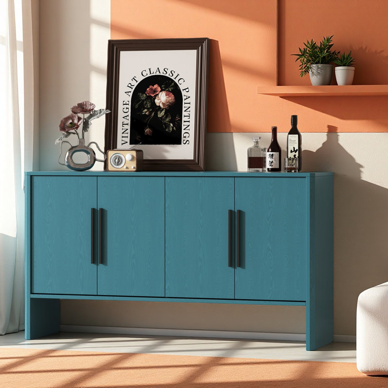Grand buffet rétro à 4 portes avec tablettes réglables et longues poignées, conçu pour les cuisines et les espaces repas