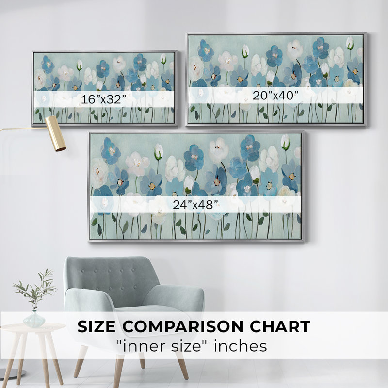 «Blue Meadow», toile tendue avec châssis tendue, prête à être accrochée, H 17 po x l 33 po, Argent argent