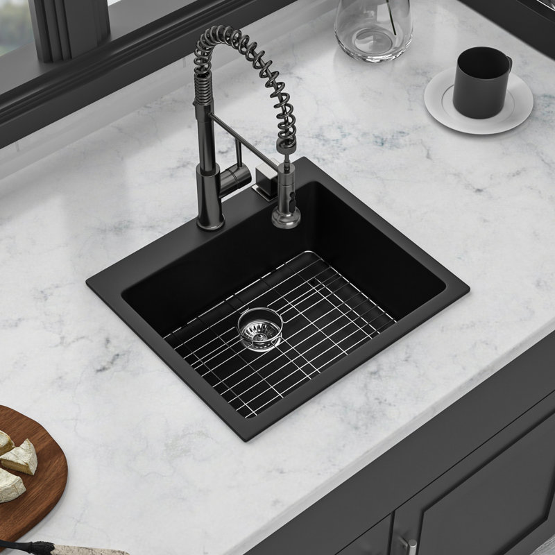 Quartz Composite Sink - 25X22" Black, Smooth Surfaces For Easy Cleaning Black 25X22", With Strainers Assembly And Bottom Grid