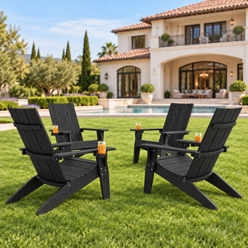 Aurra Set of 4 Oversized All-Weather Adirondack Chairs with Retractable Cup Holders HIPS Plastic Fire Pit Chairs（Black）