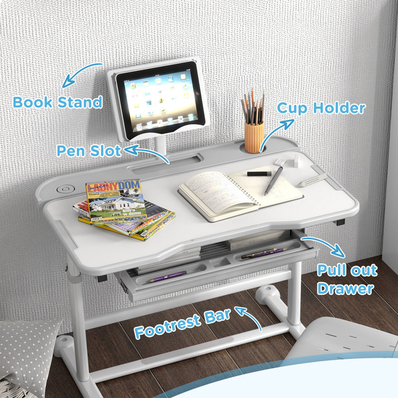 Qaba Kids Desk And Chair Set, Height Adjustable Kids Study Table And Chair Set With Tilt Desktop, Large Writing Board, Storage Drawer, Book Stand For 3-12 Years