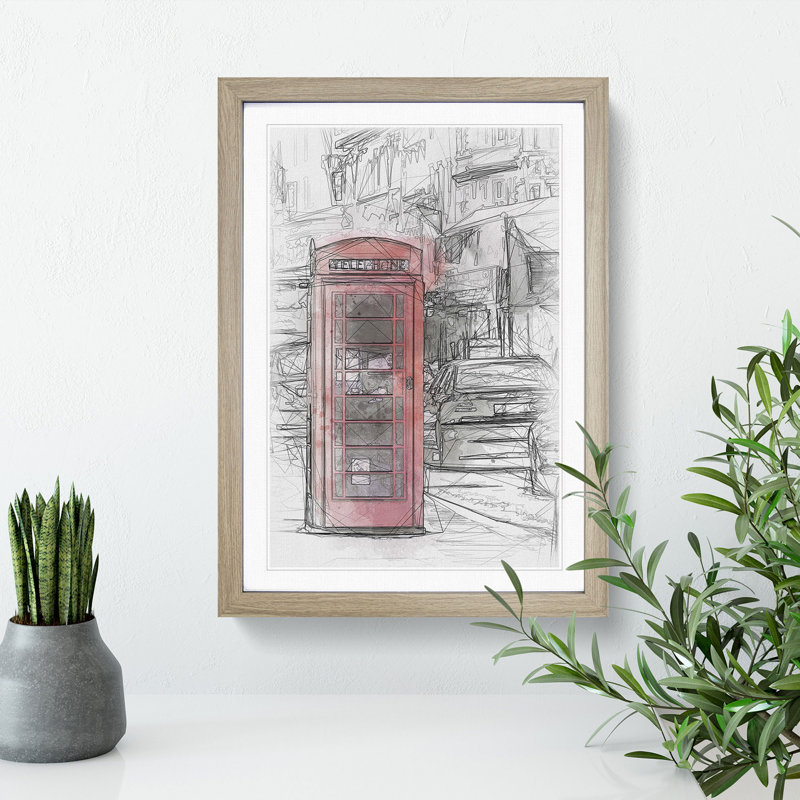 A Red Telephone Box - Single Picture Frame Painting on MDF, 63cm H x 45cm W x 2cm D, Oak Framed