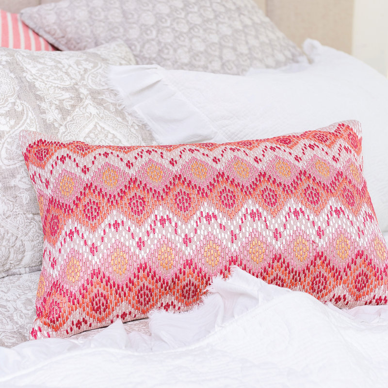 Darla Red Cotton Embroidered Ikat Lumbar Pillow