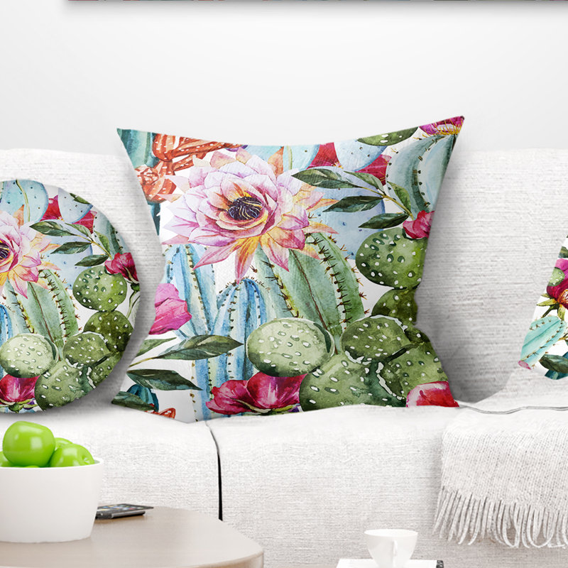 Coussin en aquarelle de motif floral cactus, Coussin décoratif, 16 po x 1 po