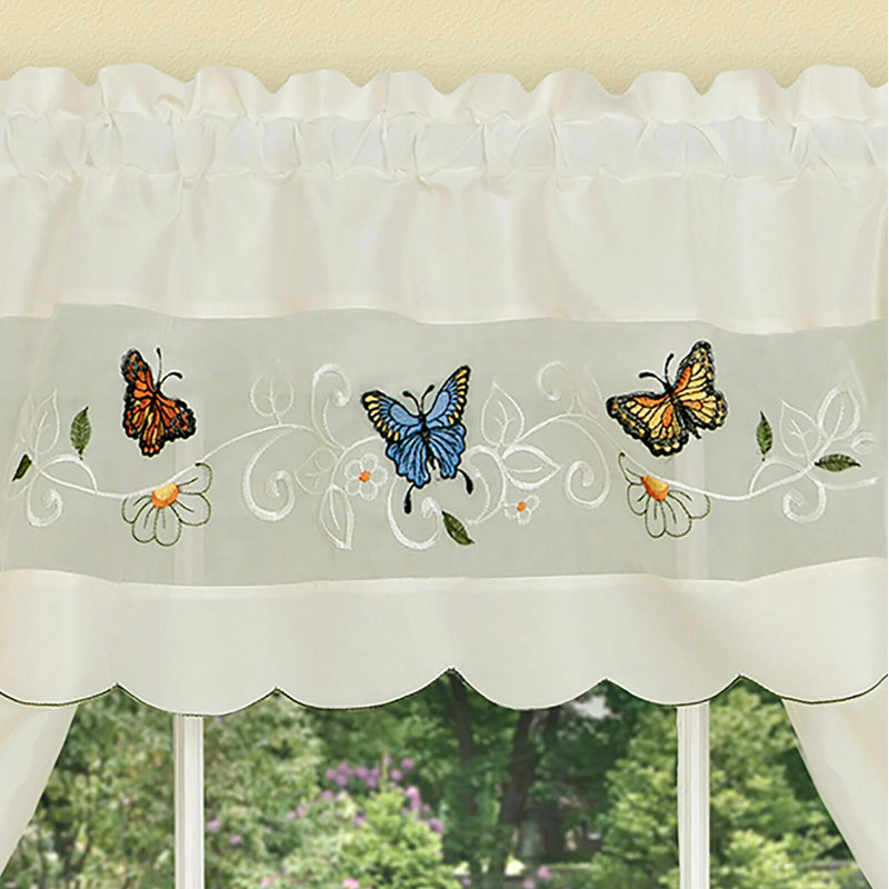 Kate Aurora Embroidered Butterflies & Sunflowers 3 Piece Kitchen Curtain Tier & Valance Set, 58" W x 24" L