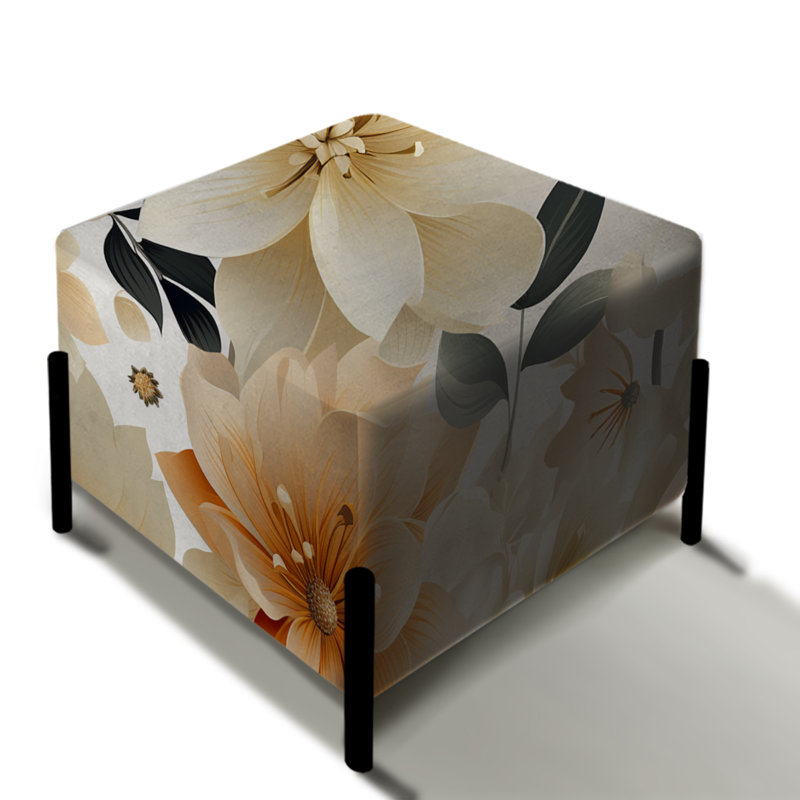 Repose-pieds carré orange et beige à motif floral Fusion I