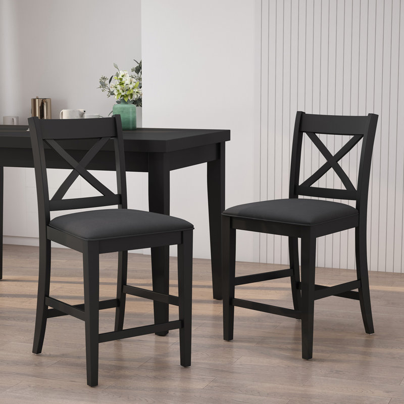 Ensemble de 2 tabourets rembourrés en bois avec dossier en croix, Noir, Noir