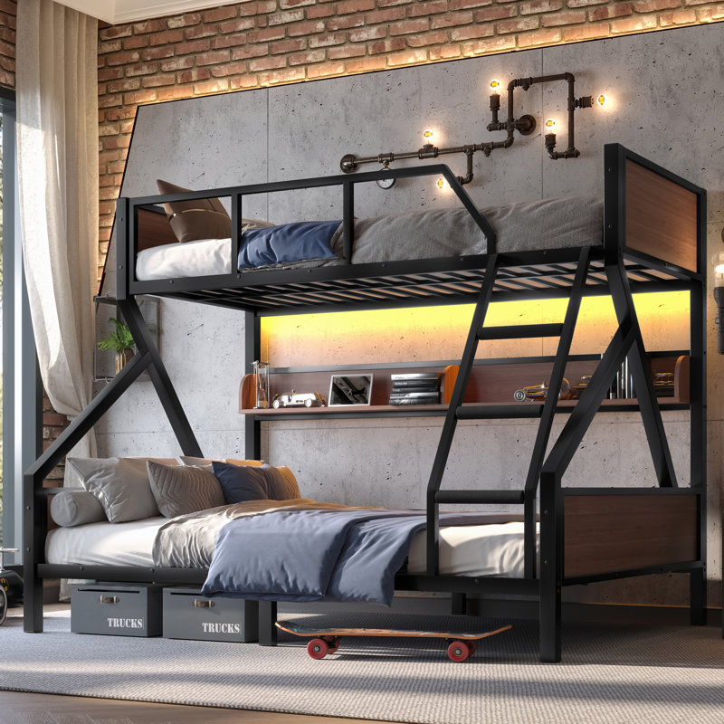 Twin Xl Over Queen Bunk Bed With Storage Shelves And Led Lights, Metal Bunk Bed Frame For Kid Teens, Space-saving & Noise-free Design, Black