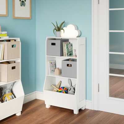 RiverRidge Kids 23in Playroom Bookshelf with Veggie Bin Organizer, 2 Open Toy Storage Shelves, and 2 Fabric Bins