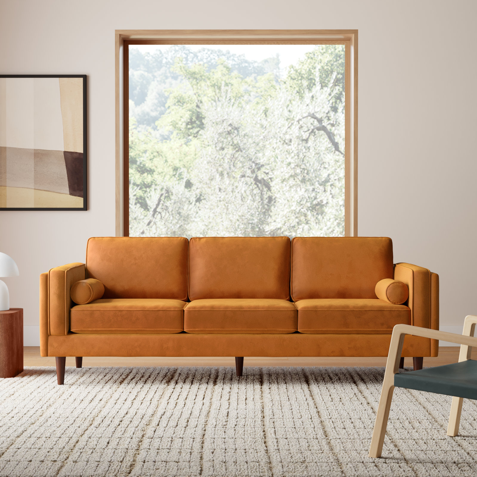 Lindel 86" Velvet Square Arm Sofa with Reversible Cushions, Velvet Orange