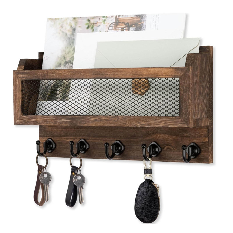 Wood Wall Organizer with Key Hooks, Brown