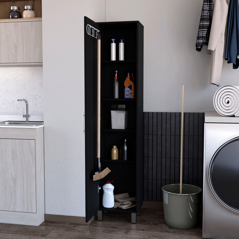 Armoire de salle de bain noire - 1 porte, 3 crochets à balai, peu encombrante