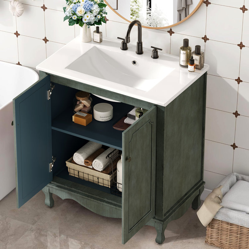 Meuble-lavabo rétro avec lavabo rectangulaire en céramique, bleu antique