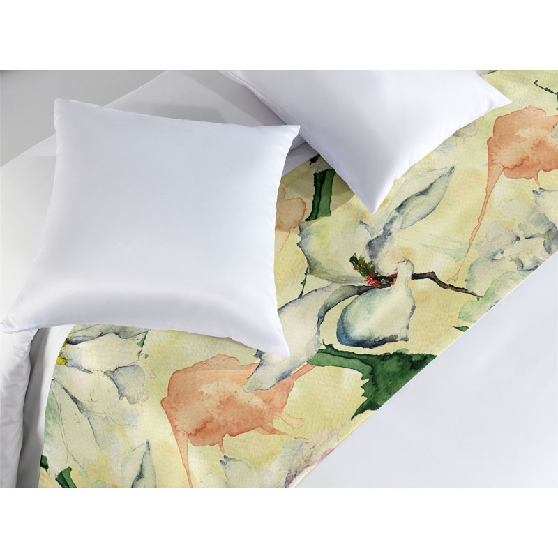 Ambesonne Springtime Bed Scarf Runner Watercolor Wild Flowers King Grey Yellow Hunter Green, King