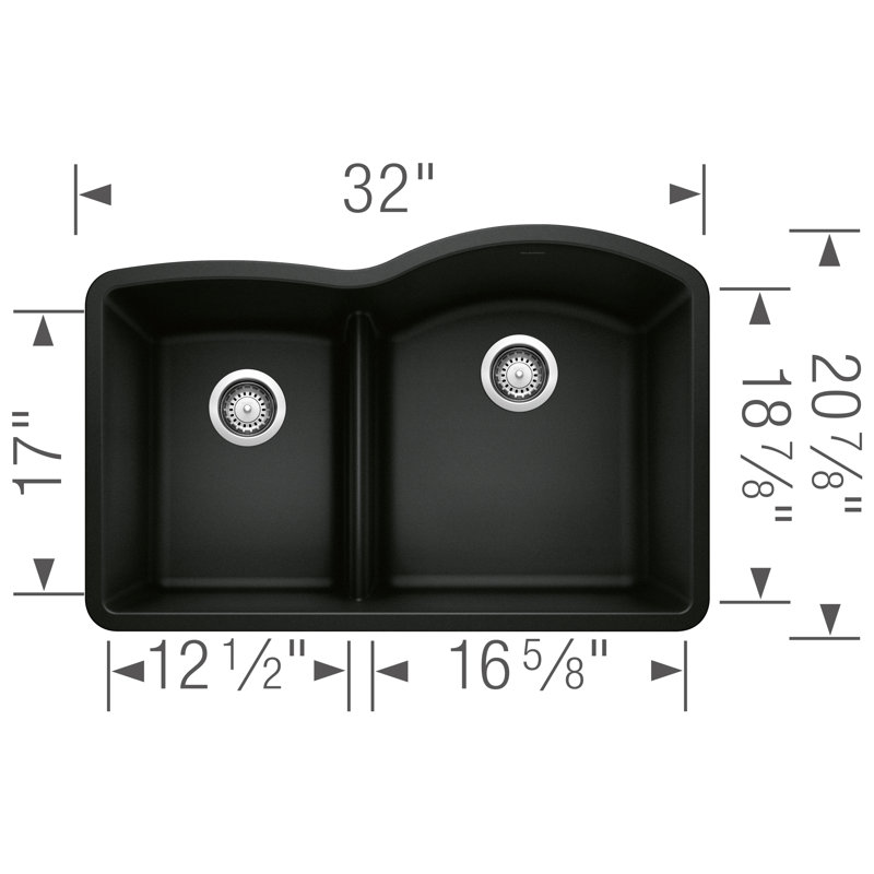 Diamond SILGRANIT 32" L x 21'' W Double Bowl Undermount Kitchen Sink, Coal Black