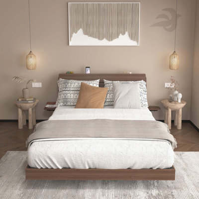 Floating Bed Frame Queen with Led Lights and Charging Station, Wood Queen Size Bed Frame with Storage Headboard, No Box Spring Needed, Easy Assembly by Harper Orchard