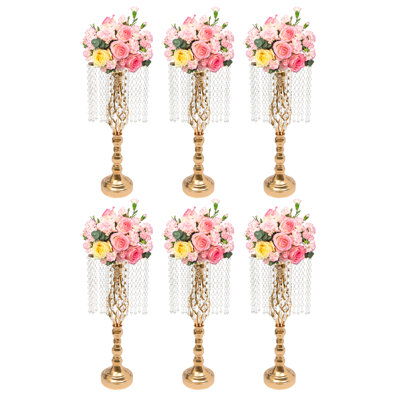 6PCS Crystal Flower Stand Wedding Road Lead Tall Flower Holders Centerpiece Crystal Metal Flower Vase for Reception Tables Wedding Supplies 