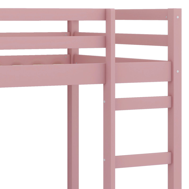 Solid Wood Bed Frame With Ladder, Wood Slat Support, Pink