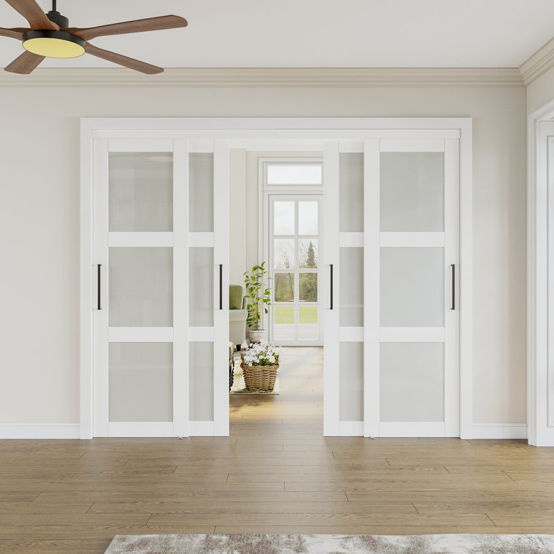 80" 3-Lite Frosted Tempered Glass Sliding Closet Door, Multi-Use Room Divider with Full Hardware, Easy Install & 4X Stronger Glass