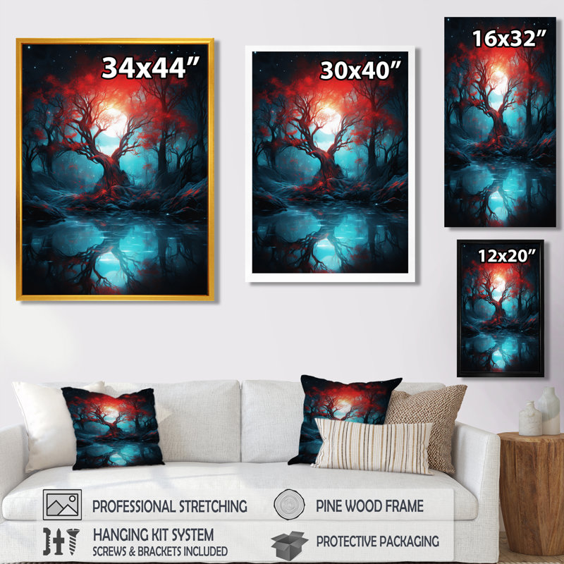 Red River Tree In Enchanted Blue Forest - arbre, reproduction d'art murale, Toile tendue, H 32 po x l 24 po