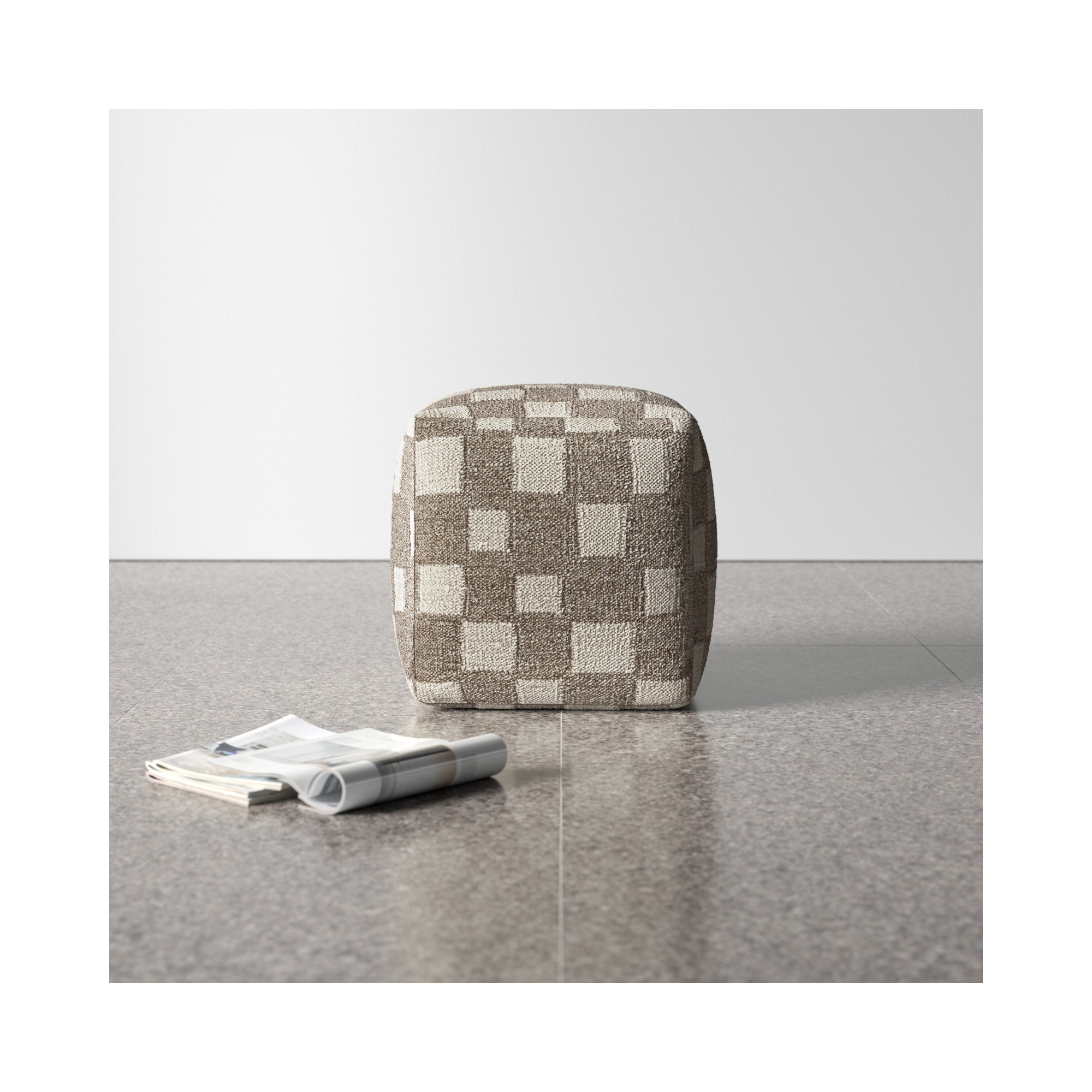 Gwennie Upholstered Pouf, Tan/Off White Wool/Cotton Blend