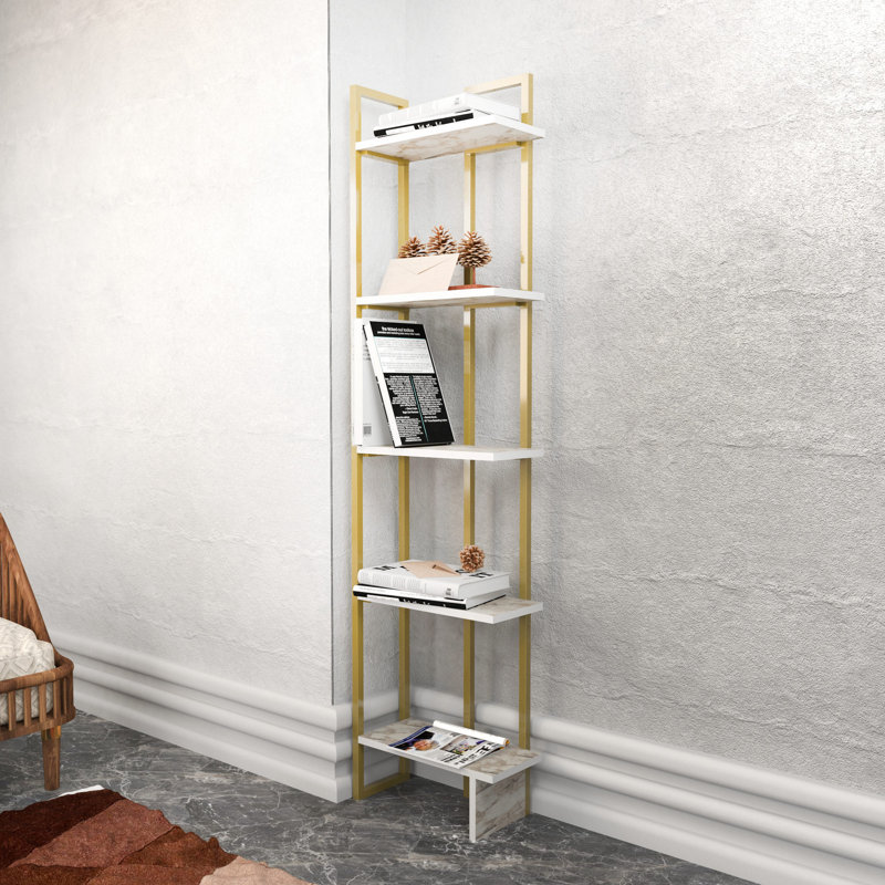 Modern Glam Bookshelf, White & Gold, 17.8 x 8.5 x 70.9 inches | 100% Melamine Coated Particle Board & Metal Frame | 55 lbs Shelf Capacity | Stylish Storage Solution for Home or Office, Elegant Design