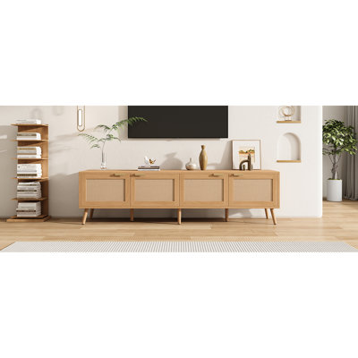 Meuble télé moderne de 70 po avec portes, rangement pour téléviseurs de 80 po, système de gestion des câbles de la console média et portes de divertissement solides avec portes de divertissement allant jusqu'à 80 po, espace spacieux, trous,